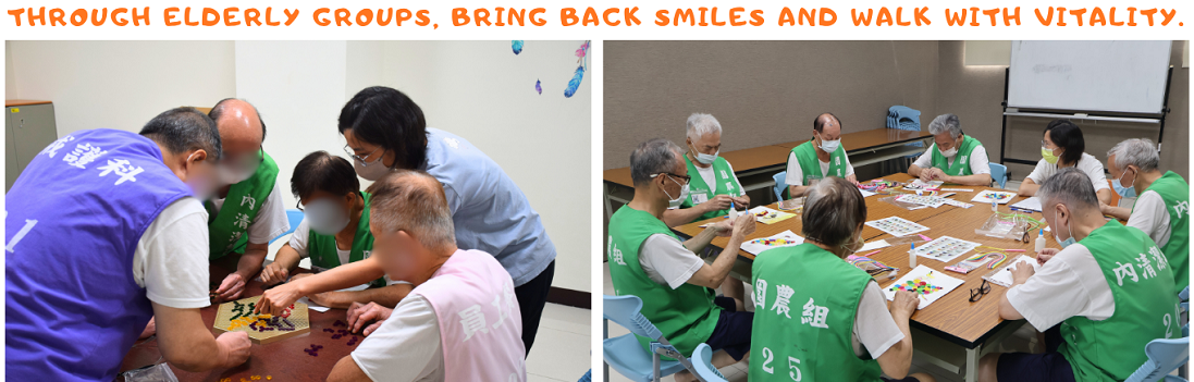 英文圖卡：Through elderly Groups, Bring Back Smiles and Walk with Vitality.